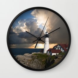 Lighthouse of New England Wall Clock | Country, Photo, House, Beauty, Portsmouth, Beacon, Clouds, Sea, Ocean, Cliff 