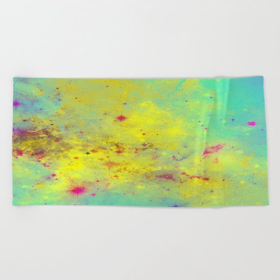 Pink Stars - Abstract space painting in yellow, blue and pink Beach Towel
