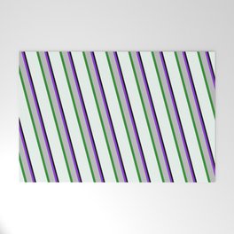 [ Thumbnail: Eye-catching Purple, Grey, Forest Green, Mint Cream, and Black Colored Lined/Striped Pattern Welcome Mat ]