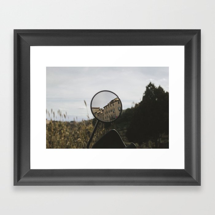 View of houses in Siena from a motorbike mirror Framed Art Print