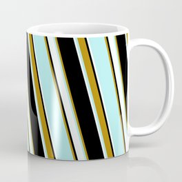 [ Thumbnail: Black, Dark Goldenrod, Turquoise & Mint Cream Colored Lined Pattern Coffee Mug ]