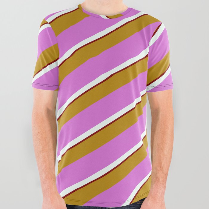 Dark Goldenrod, Orchid, Mint Cream & Maroon Colored Lines Pattern All Over Graphic Tee