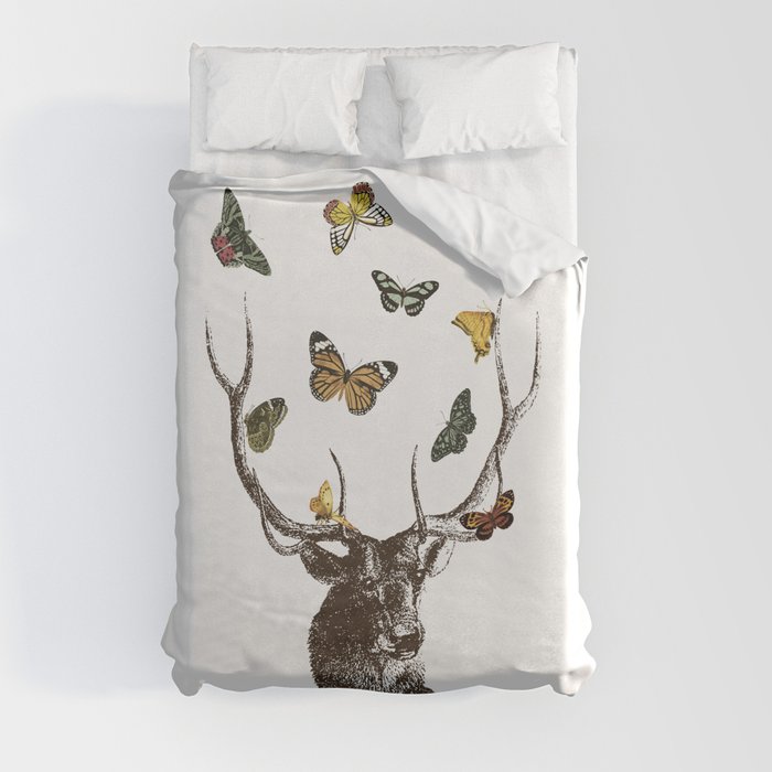 The Stag and Butterflies | Deer and Butterflies | Vintage Stag | Vintage Deer | Antlers | Woodland | Duvet Cover