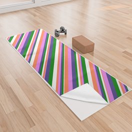 [ Thumbnail: Dark Slate Blue, Violet, Coral, White, and Green Colored Lined/Striped Pattern Yoga Towel ]