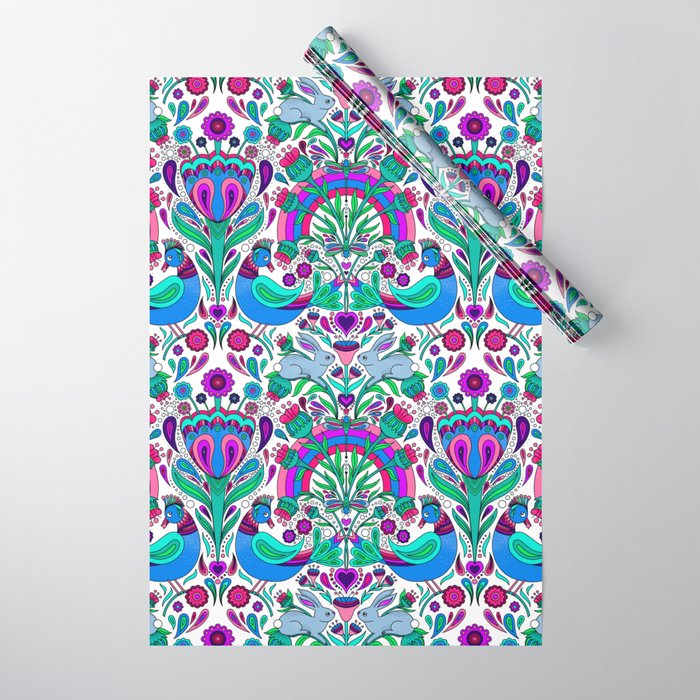 Folk Art Rainbow Birds and Bunnies - Blue and Purple Distelfink Daydream  Wrapping Paper