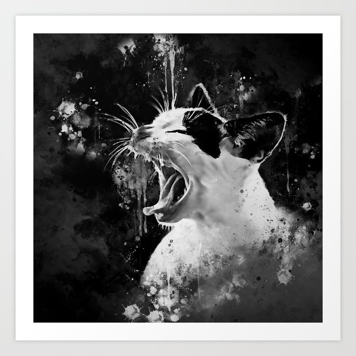 Evil Cat Mouth Wide Open Splatter Watercolor Black White Art Print By Gxp Design