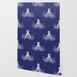 Octopus | Vintage Octopus | Tentacles | Navy Blue and White | Wallpaper