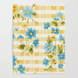 Floral Gingham Yellow Blue - Cheery Disposition Poster