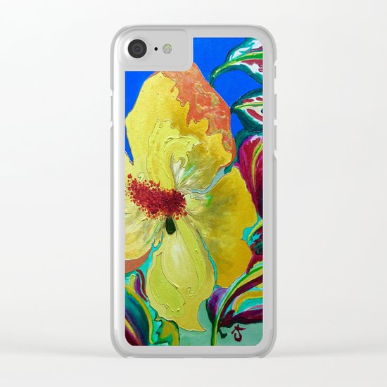 Birthday Acrylic Yellow Orange Hibiscus Flower Painting with Red and Green Leaves Clear iPhone Case