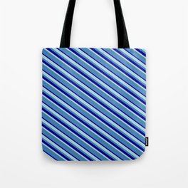 [ Thumbnail: Light Blue, Blue & Dark Blue Colored Lined/Striped Pattern Tote Bag ]