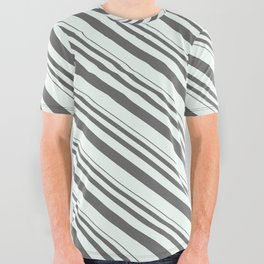 [ Thumbnail: Dim Gray & Mint Cream Colored Striped/Lined Pattern All Over Graphic Tee ]