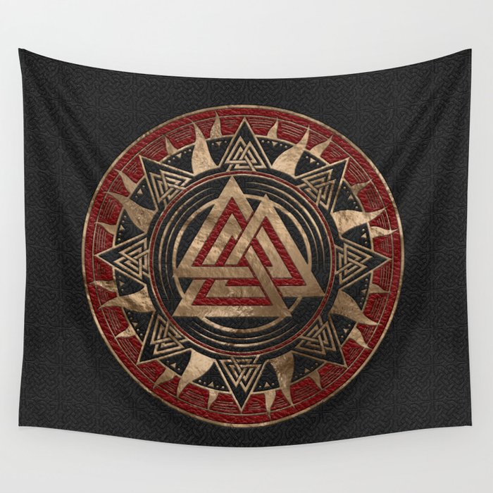 Valknut Symbol Black and Red Leather and gold Wall Tapestry