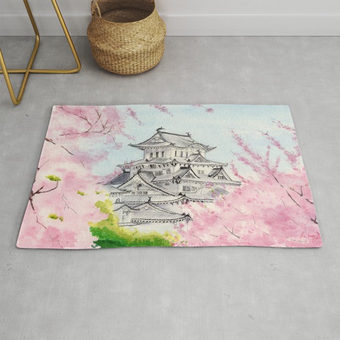 Himeji Castle , Art Watercolor Painting print by Suisai Genki , cherry blossom , Japanese Castle Rug