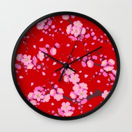 Cherry Blossom Japanese Flowers Red Background Seamless Pattern Wall Clock