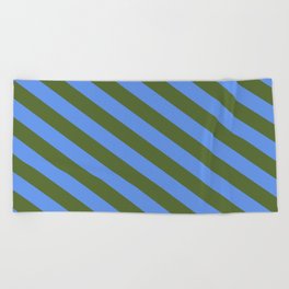 [ Thumbnail: Cornflower Blue and Dark Olive Green Colored Lines/Stripes Pattern Beach Towel ]