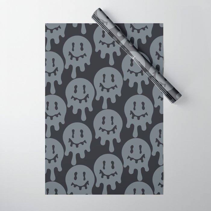 Melted Smiley Faces Trippy Seamless Pattern - Grey Wrapping Paper