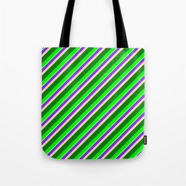 [ Thumbnail: Colorful Purple, Pale Goldenrod, Green, Lime & Light Cyan Colored Stripes/Lines Pattern Tote Bag ]