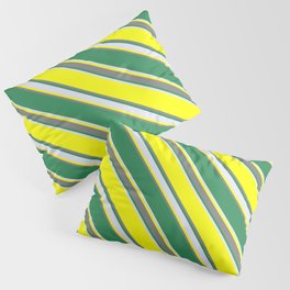 [ Thumbnail: Yellow, Gray, Sea Green, and Lavender Colored Striped Pattern Pillow Sham ]