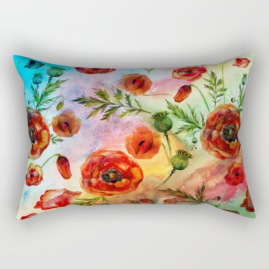 Poppy LOVE pattern- Poppies and Flowers on colorful watercolor background on #Society6 Rectangular Pillow