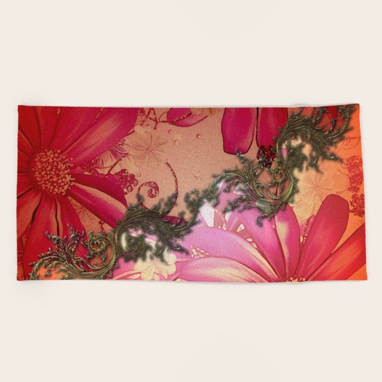 Red flowers Beach Towel
