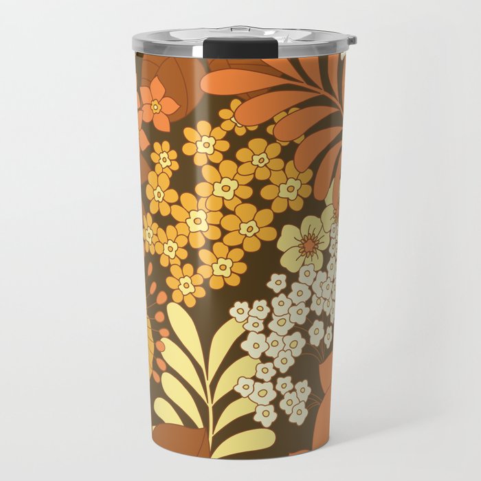 Brown, Yellow, Orange & Ivory Retro Flowers Travel Mug
