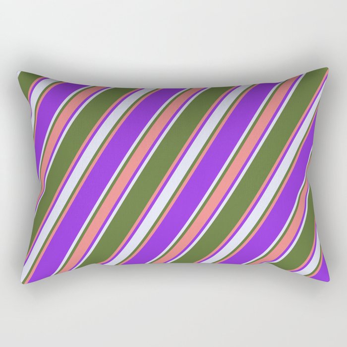 Dark Olive Green, Light Coral, Purple & Lavender Colored Stripes/Lines Pattern Rectangular Pillow
