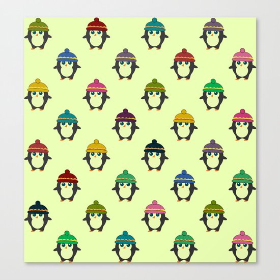 Penguins with colorful beanies Canvas Print