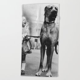 The Happiness of Little Girls and Great Danes black and white photograph Beach Towel