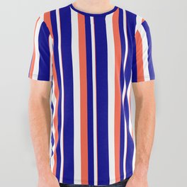 [ Thumbnail: Red, White, and Dark Blue Colored Stripes Pattern All Over Graphic Tee ]