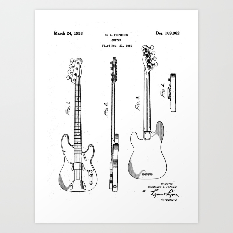 Bass Guitar Patent Bass Guitarist Art Black And White Art Print By Patentpress Society6