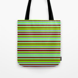 [ Thumbnail: Sky Blue, Green & Dark Red Colored Lined Pattern Tote Bag ]