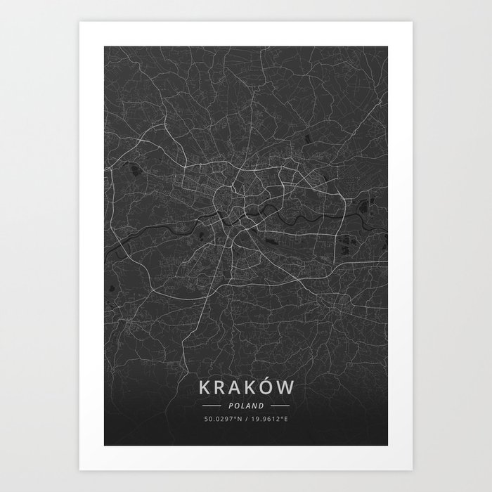 Krakow, Poland - Dark Map Art Print