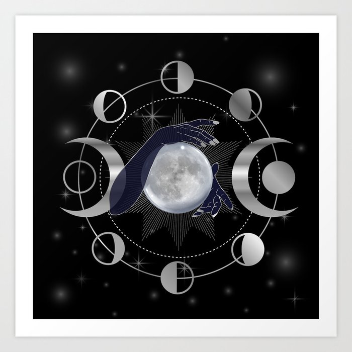 Full moon with triple goddess symbol in hands of  woman Art Print