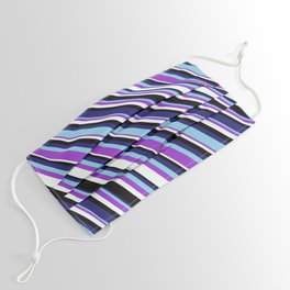 [ Thumbnail: Vibrant Midnight Blue, Sky Blue, Dark Orchid, Mint Cream, and Black Colored Lined/Striped Pattern Face Mask ]