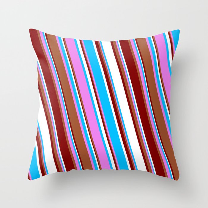 Vibrant Violet, Sienna, Maroon, White, and Deep Sky Blue Colored Stripes Pattern Throw Pillow