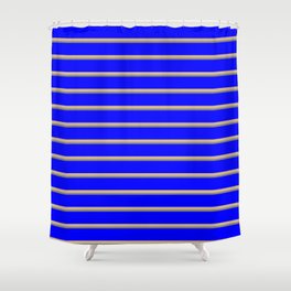 [ Thumbnail: Blue, Tan & Gray Colored Lines/Stripes Pattern Shower Curtain ]