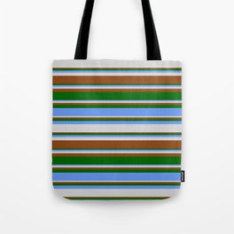 [ Thumbnail: Cornflower Blue, Light Grey, Brown & Dark Green Colored Pattern of Stripes Tote Bag ]