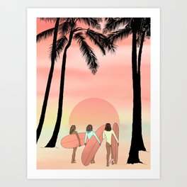 Sunset With The Girls | Tropical Surf Illustration Art Print