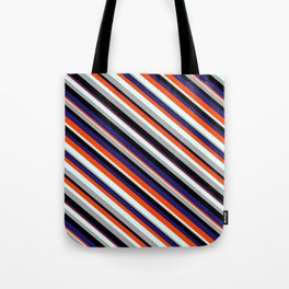 [ Thumbnail: Eye-catching Red, Light Cyan, Dark Grey, Black, and Midnight Blue Colored Stripes Pattern Tote Bag ]
