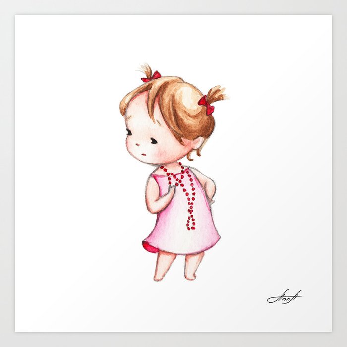 The Drawing of Little Girl in Red Beads Art Print by Anna Abramskaya