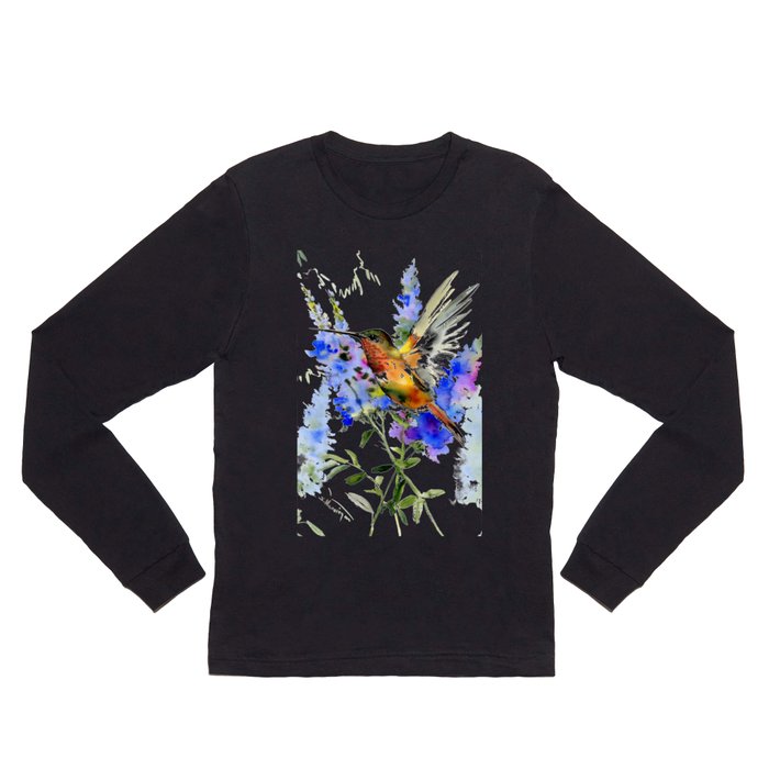 Alen's Hummingbird and Blue Flowers, floral bird design birds, watercolor floral bird art Long Sleeve T Shirt