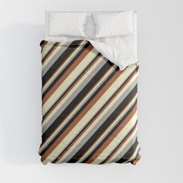 [ Thumbnail: Sienna, Light Yellow, Dark Grey, and Black Colored Stripes Pattern Comforter ]