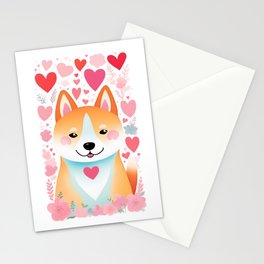 Cute Hearts Watercolor Shiba Inu Valentine's Day Painting Stationery Card