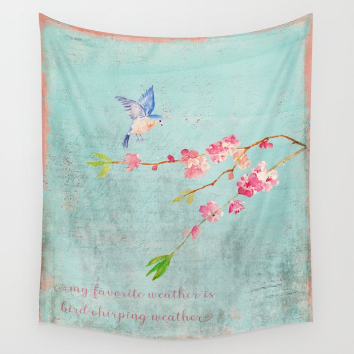 My favorite weather - Romantic Birds Cherryblossoms and Spring Typography on teal Wall Tapestry