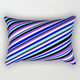 [ Thumbnail: Vibrant Blue, Aquamarine, Black, Purple, and Mint Cream Colored Lined Pattern Rectangular Pillow ]