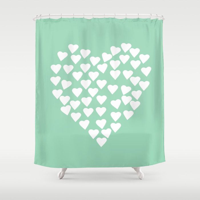 Hearts Heart White on Mint Shower Curtain