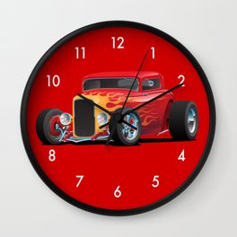 Classic Bold Red Custom Street Rod Car with Yellow amd Orange Hotrod Flames Wall Clock