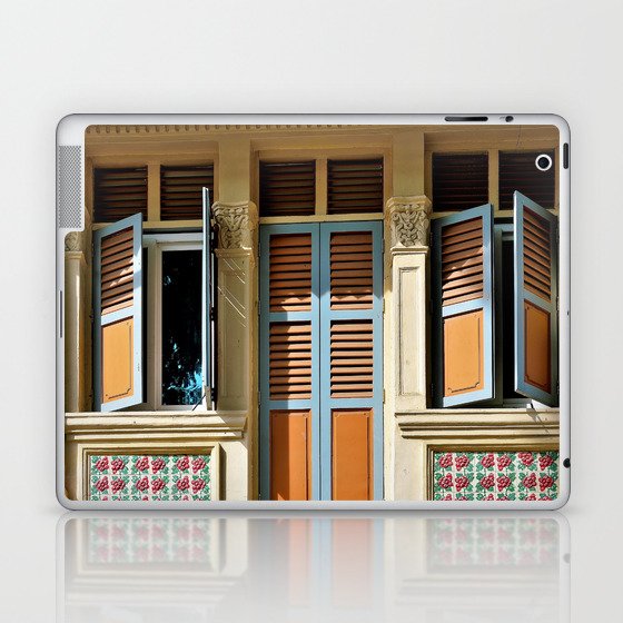 Traditional Singapore Peranakan or Straits Chinese shop house with decorative exterior and antique orange shutters in historic Geylang Laptop & iPad Skin