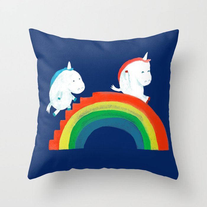 Unicorn on rainbow slide Throw Pillow