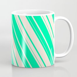 [ Thumbnail: Green and Beige Colored Striped/Lined Pattern Coffee Mug ]